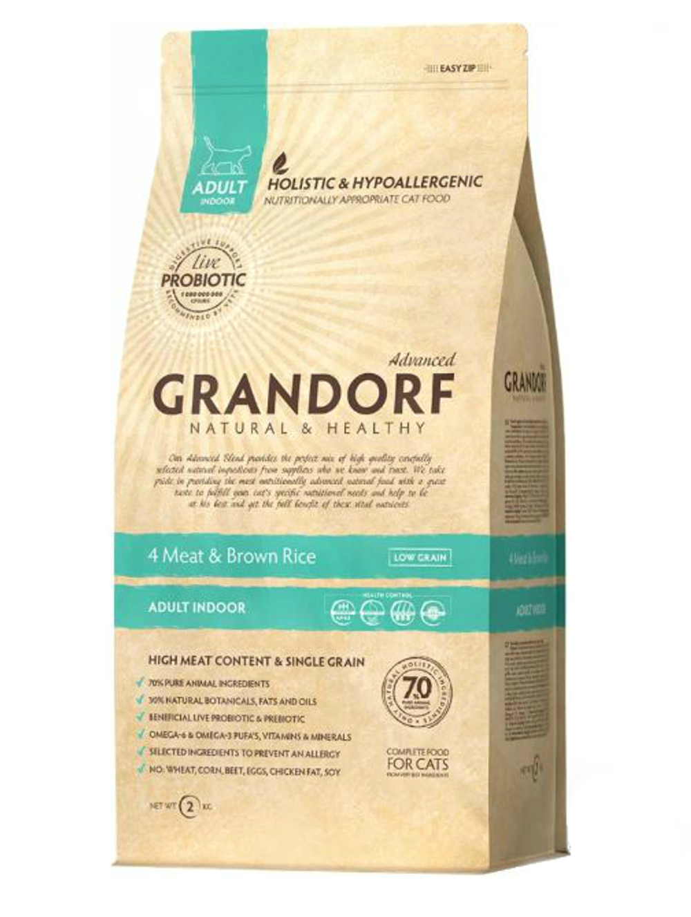 Grandorf 0.4кг Indoor Сухой корм для домашних кошек с пробиотиками 4 вида мяса