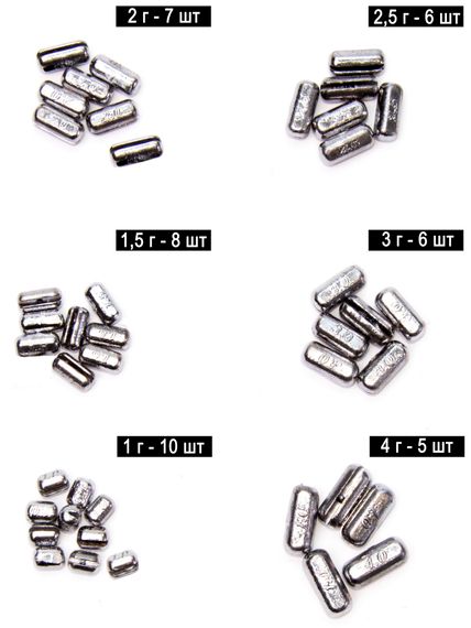 Грузила Цилиндр 6 секц. зажимной с маркировкой веса 1,0-4,0г 089 набор