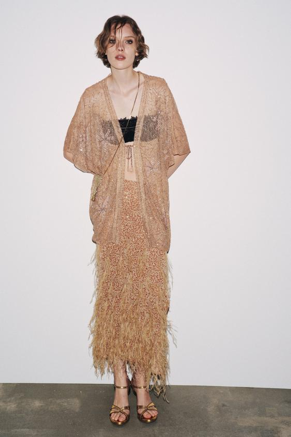 ZARA ЮБКА С ПАЙЕТКАМИ И ПЕРЬЯМИ, КОРИЧНЕВЫЙ