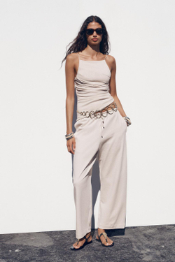 ZARA ТОП С БРЕТЕЛЯМИ И СБОРКАМИ, ПЕСОЧНЫЙ