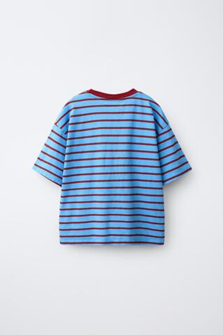ZARA ФУТБОЛКА В ПОЛОСКУ С НАШИВКОЙ В ВИДЕ ЦИФРЫ, ГОЛУБОЙ