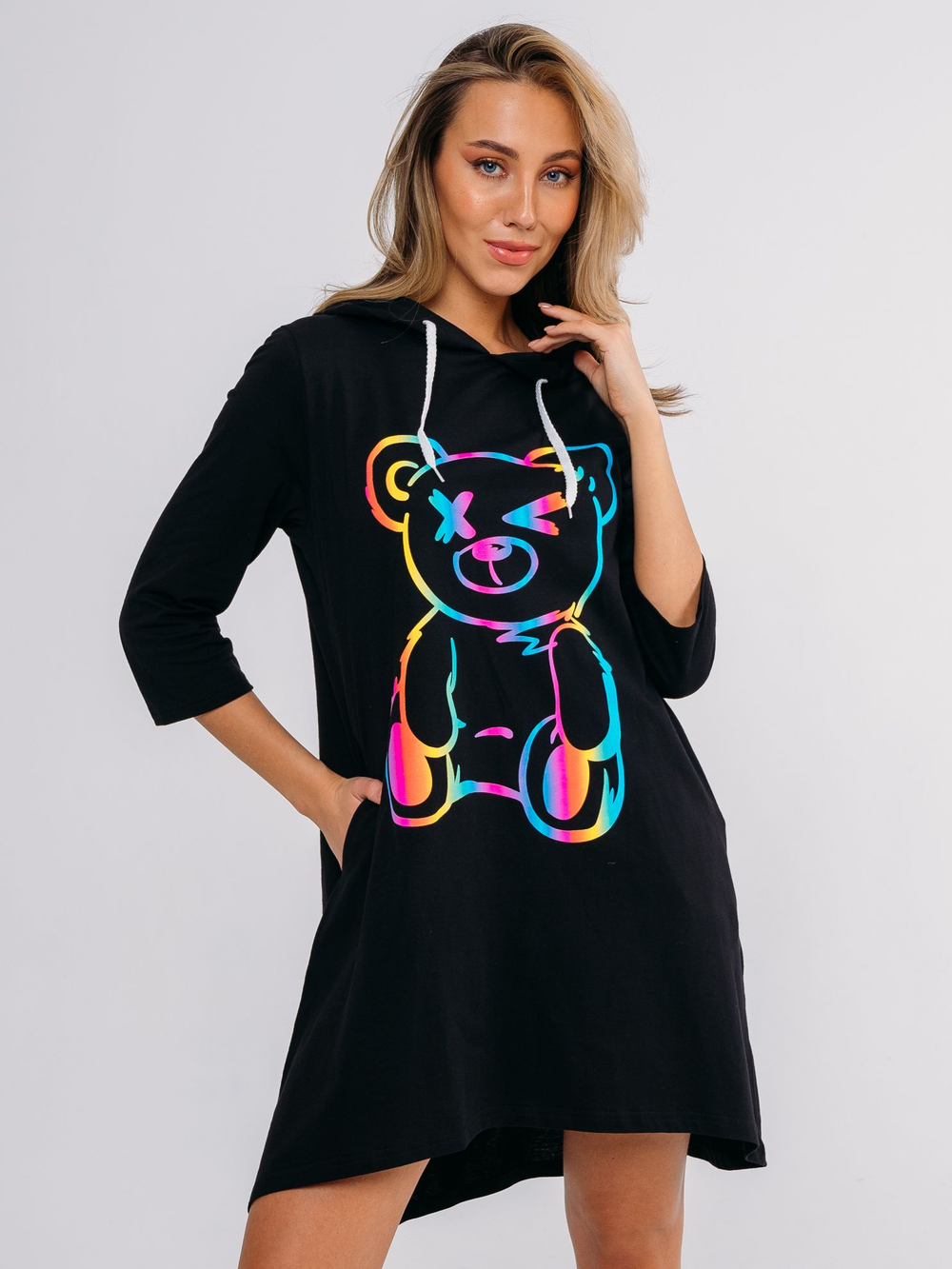 Туника коричневая с капюшоном и принтом женская с длинным рукавом большие размеры для пляжа хлопковая спортивная удлиненная нарядная летняя домашняя