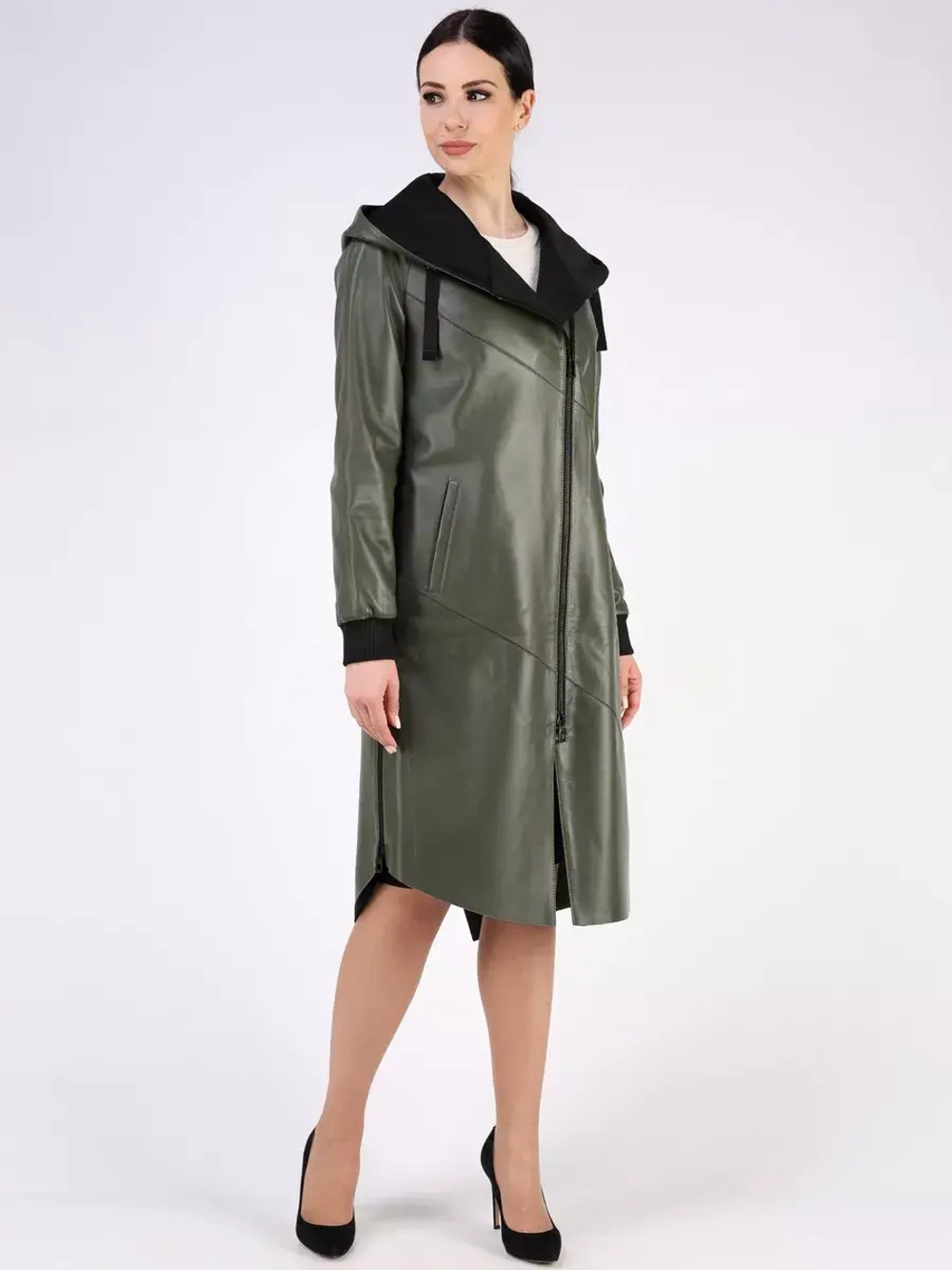 Кожаный плащ длинный с капюшоном пальто