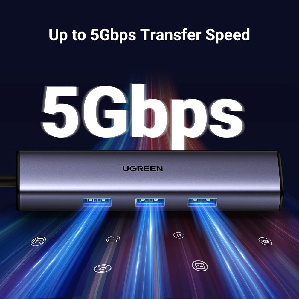 Конвертер USB 3.1 Type C на LAN RJ-45,1000Mbps + USB 3.0 HUB 3 port, 0.2m UGREEN 60600