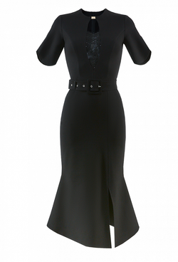 Трикотажное платье с поясом чёрное 03-02-20 SS