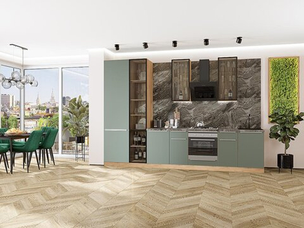 Прямая модульная кухня Фьюжн-08 Silky Mint - Дуб Вотан 2340*3400*600