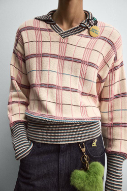 ZARA HARRY LAMBERT X DISNEY ЖАККАРДОВОЕ ТРИКОТАЖНОЕ ПОЛО В КЛЕТКУ, РОЗОВЫЙ