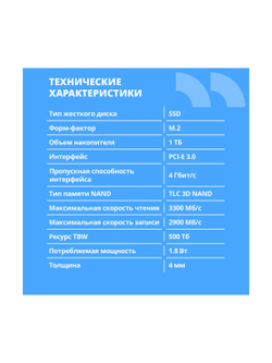 CBR SSD-001TB-M.2-BS24b, Внутренний SSD-накопитель, серия "Base", 1024 GB, 1TB, M.2 2280, PCIe 3.0 x4, NVMe 1.3, 3D TLC NAND, R/W speed up to 3300/2900 MB/s, TBW (TB) 500, OEM
