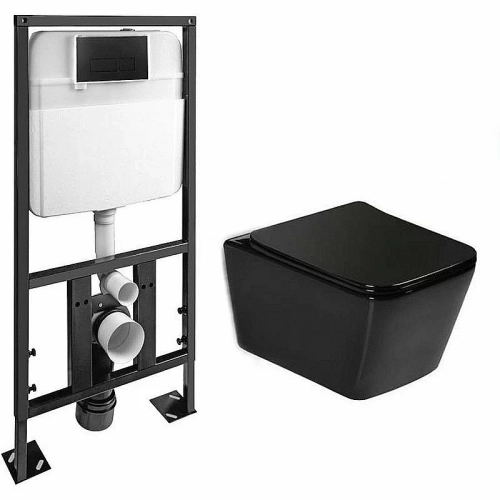 Унитаз SantiLine SL-5004MB SL-04 безободковый, с инсталляцией, с крышкой микролифт, черный матовый/кнопка черная матовая