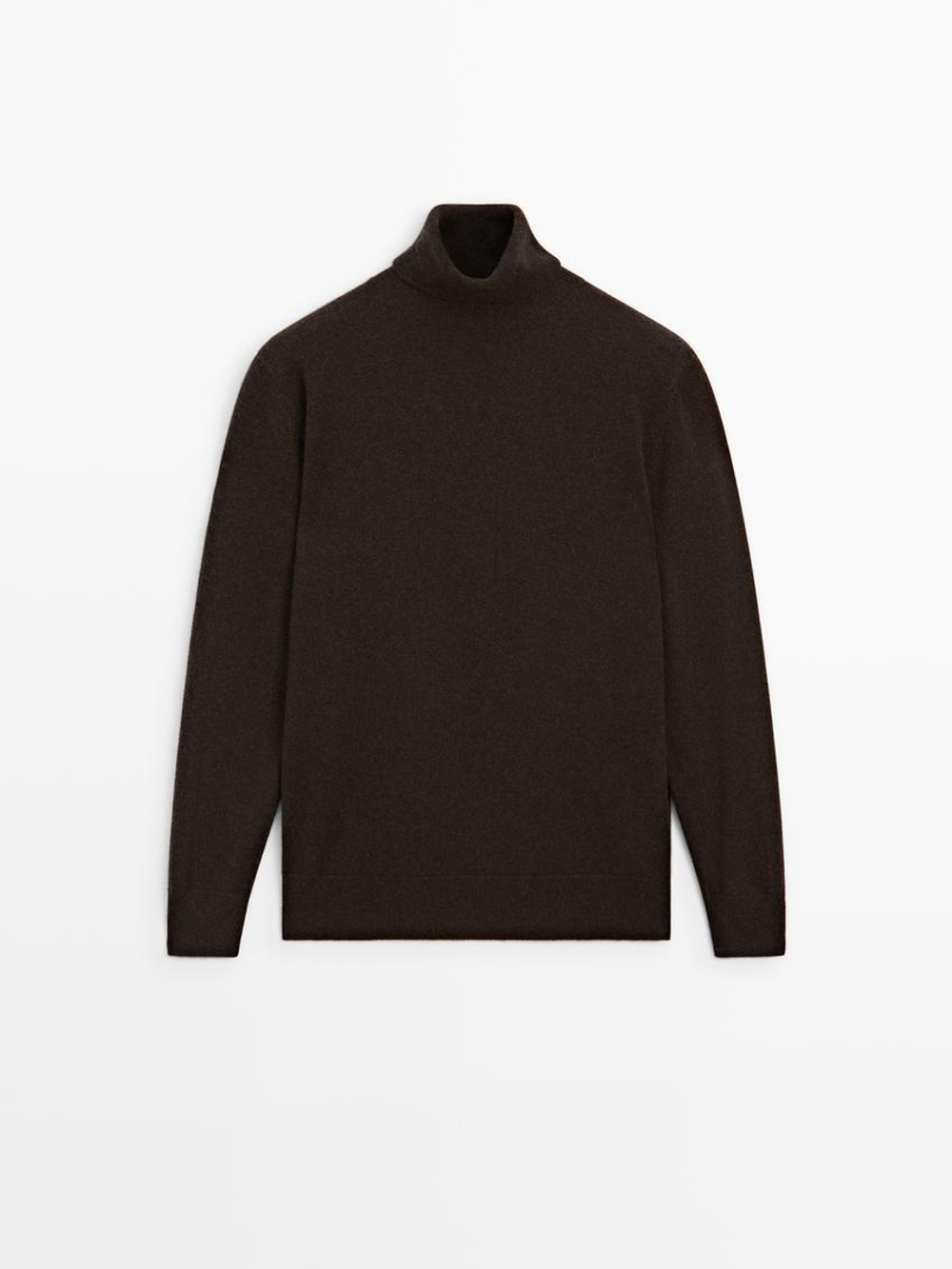 Massimo Dutti Трикотажный свитер из 100% кашемира с высоким воротником, коричневый