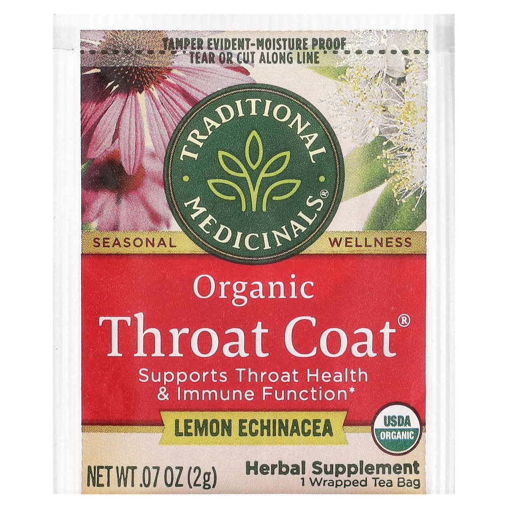 Traditional Medicinals, Organic Throat Coat, лимонная эхинацея, без кофеина, 16 чайных пакетиков в упаковке, 32 г (1,13 унции)