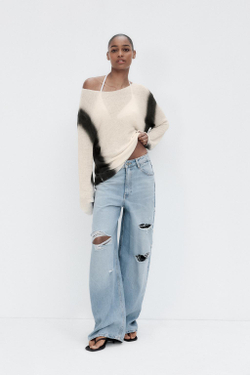 ZARA СВИТЕР ИЗ СМЕСОВОГО ТРИКОТАЖА С ПРИНТОМ, БЕЛЫЙ/ЧЕРНЫЙ