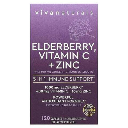 От гриппа и простуды Viva Naturals, Elderberry, витамин C и цинк, поддержка иммунитета 5 в 1, 120 капсул