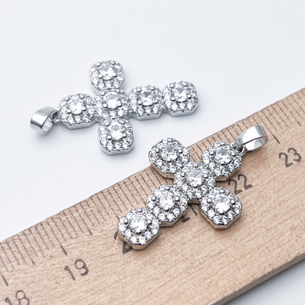 Подвеска Крест, цвет серебро (родий), фианиты, размер 26*18 мм, цена за 1 шт