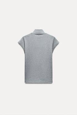 ZARA ТОП В РУБЧИК С ВОРОТНИКОМ-СТОЙКОЙ, СЕРЫЙ С МЕЛАНЖЕВЫМ ЭФФЕКТОМ