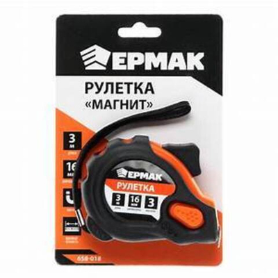 Рулетка 3м, " Магнит", 3 фиксатора, обрезин. корпус ЕРМАК