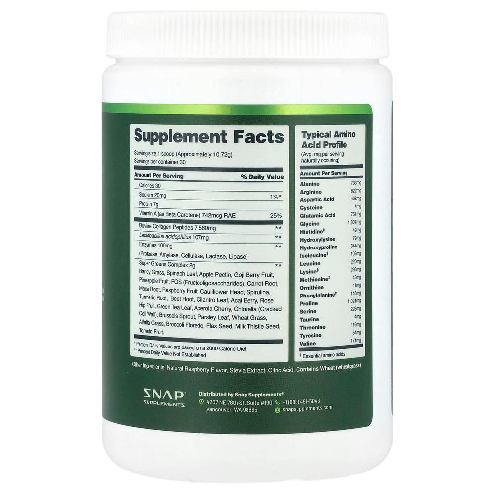 Snap Supplements, Collagen & Greens, малина, 321,6 г (11,34 унции)