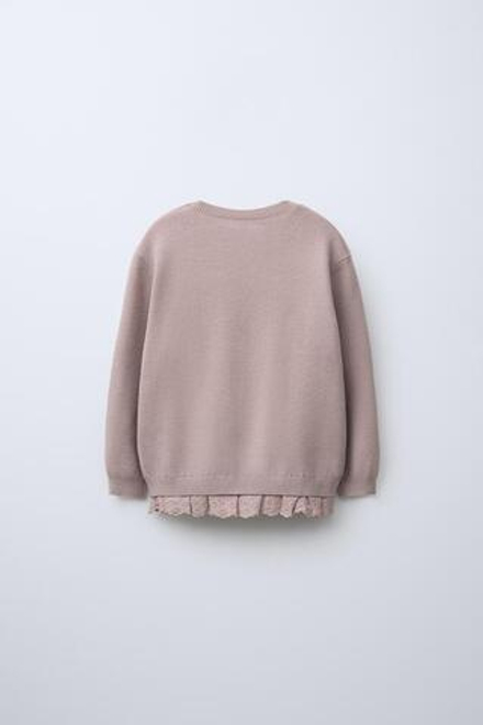 ZARA СВИТЕР С ОТДЕЛКОЙ КРУЖЕВОМ, ТЕЛЕСНО-РОЗОВЫЙ
