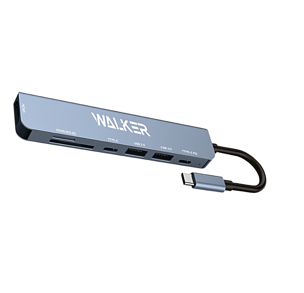 Type-C Хаб WALKER WHUB-71, 7в1, PD 100 Вт, серый