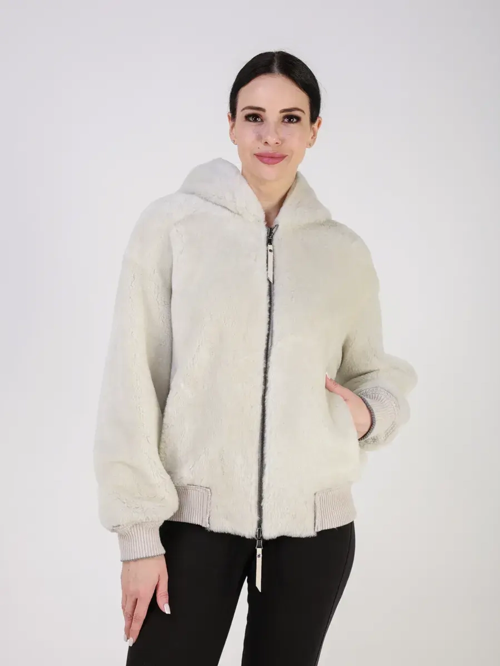 Двусторонняя дубленка зимняя шуба натуральная с капюшоном