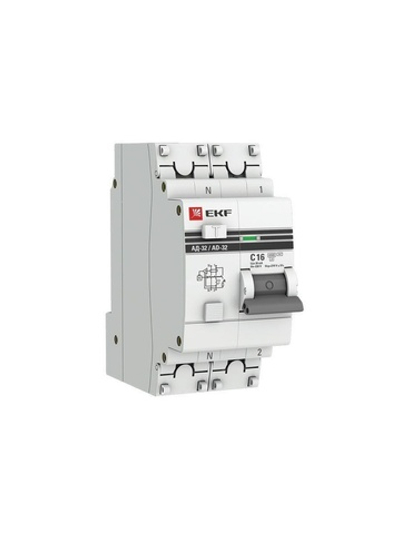 Выключатель автоматический дифференциального тока 2п (1P+N) C 16А 30мА тип AC 4.5кА АД-32 2мод. защита 270В электрон. PROxima EKF DA32-16-30-pro