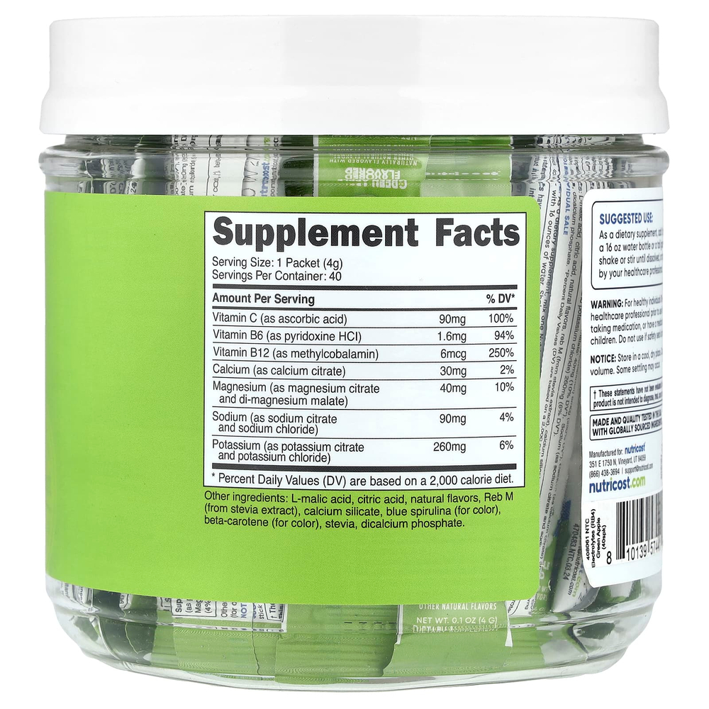 Nutricost, Электролиты, улучшенный комплекс для увлажнения, зеленое яблоко, 40 пакетиков по 4 г (0,1 унции)