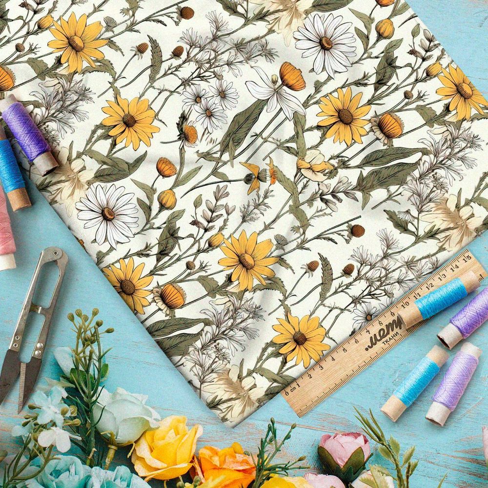 Ткань премиум атлас луговой гербарий