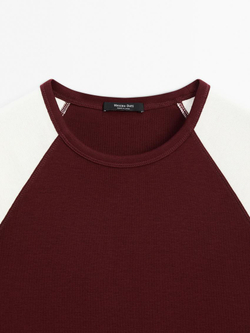 Massimo Dutti Хлопковый топ в рубчик без рукавов, гранатовый