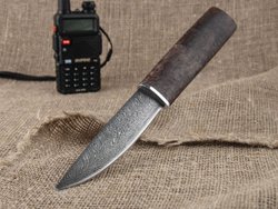 Шкуросъемный нож "Якут" с кованым долом, дамасская сталь, рукоять стабилизированная карельская береза