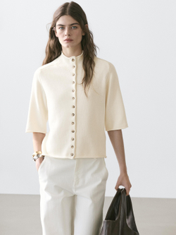 Massimo Dutti Вязаный кардиган с короткими рукавами, бежевый