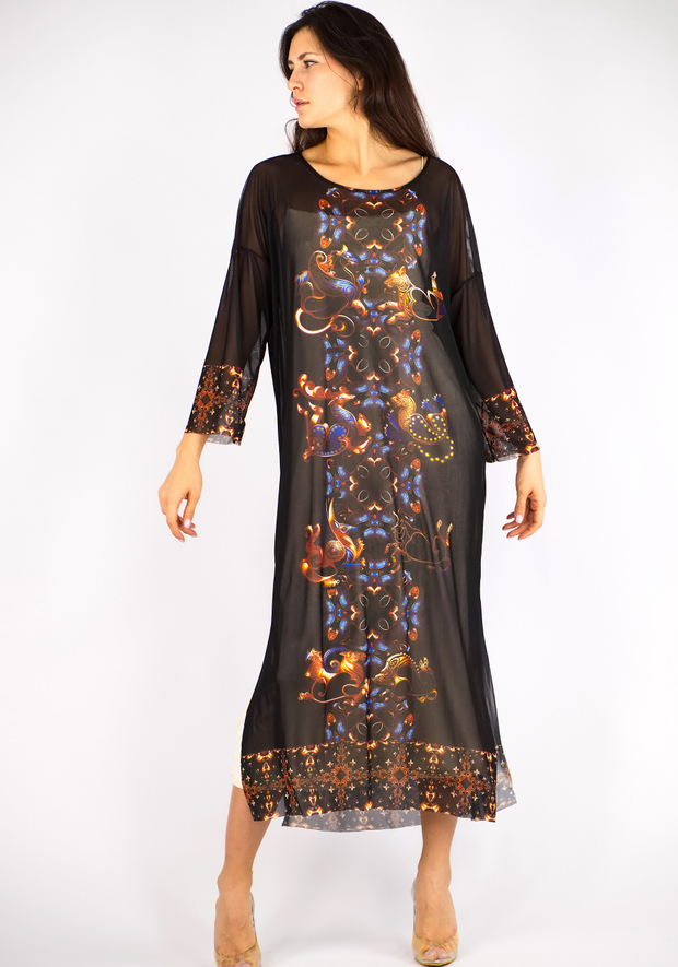 Платье-туника из сетки "Загадки скифов", принт по мотивам скифских татуировок, по материалам раскопок Пазырыкских курганов