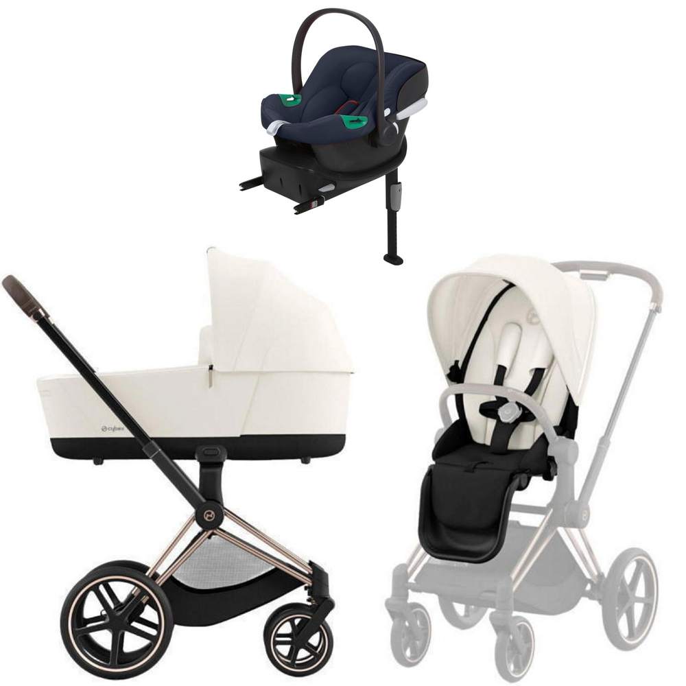 Коляска Cybex Priam IV Rosegold complete Aton B2 Bay Blue Base One 4 в 1 Off White