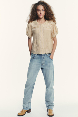 ZARA РУБАШКА С КРУГЛЫМ ВОРОТНИКОМ И ВЫШИВКОЙ, БЕЖЕВЫЙ