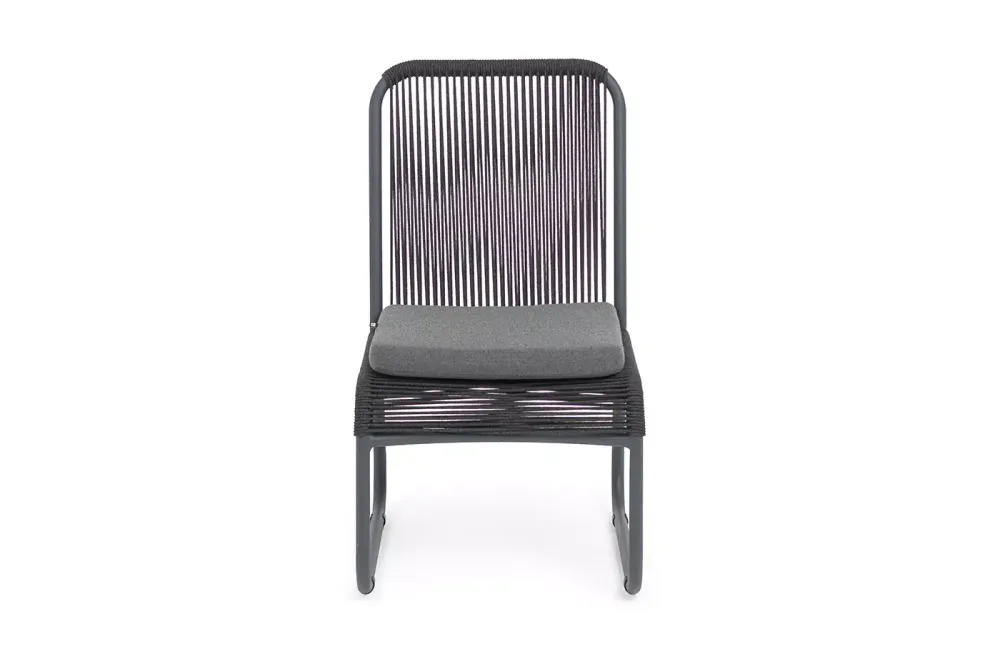 "Ането" стул плетеный из роупа, каркас алюминий темно-серый (RAL7024) муар, роуп темно-серый круглый, ткань темно-серая 027