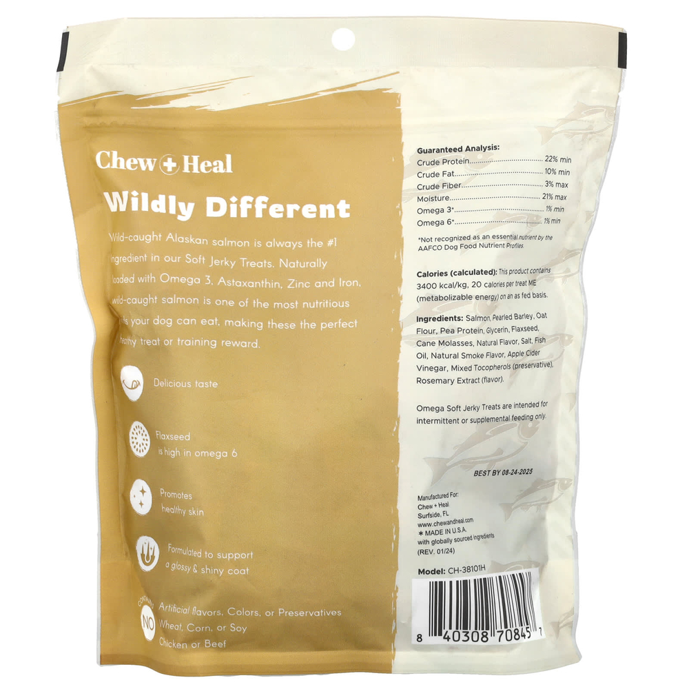Chew + Heal, Омега мягкое вяленое лакомство, для собак, с лососем, 340 г (12 унций)