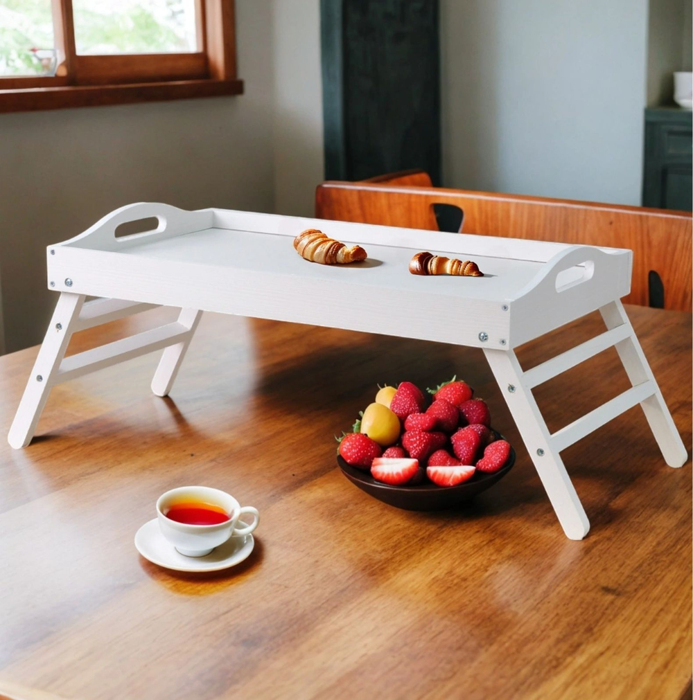 Столик для завтрака в постель, 52х31х24, Lazy Sunday, стол для ноутбука, поднос, деревянный, для кухни, белый, Dipriz