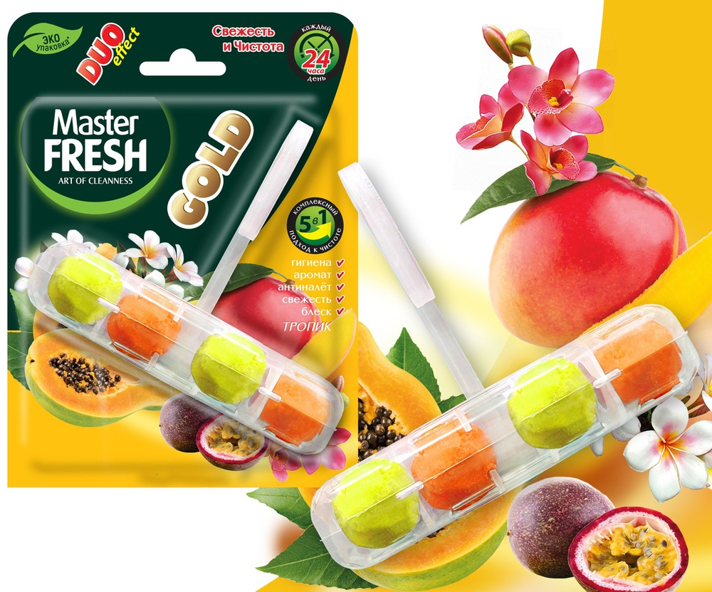 Master FRESH GOLD подвесной блок для унитаза DUO EFFECT 5в1 ТРОПИК, 1шт