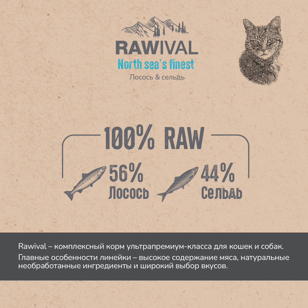 Сухой корм RAWIVAL для кошек с лососем и сельдью - 1,7 кг (Срок до 10.12.2026)