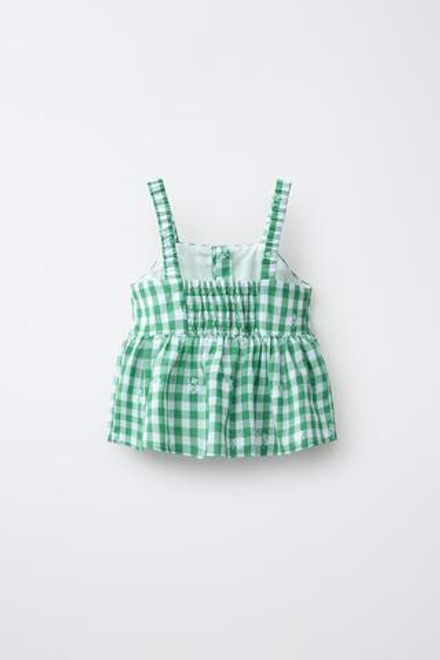 ZARA ТОП В КЛЕТКУ ВИШИ С ВЫШИВКОЙ, БЕЛЫЙ/ЗЕЛЕНЫЙ