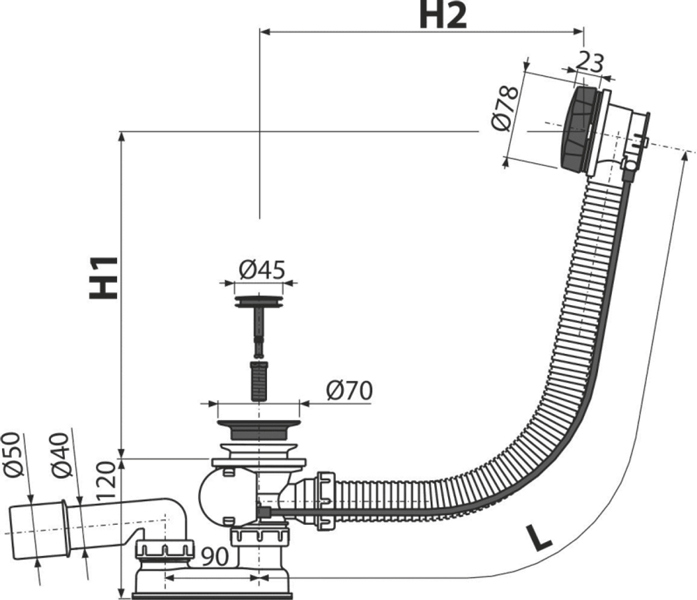 A55BLACK Сифон для ванны автомат комплект, чёрный-матовый