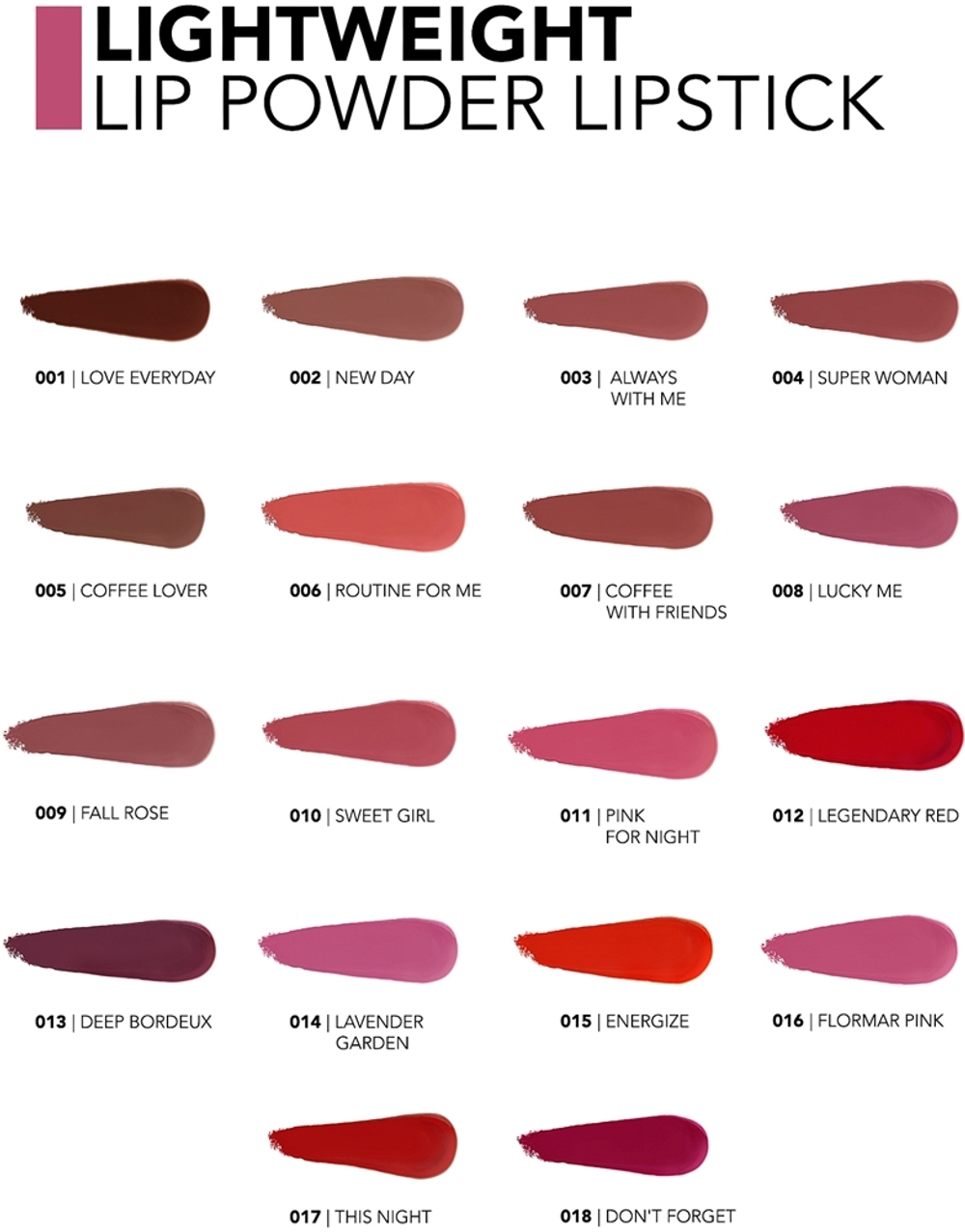 flormar Lightweight Lip Powder Lipstick - Стойкая помада с матовым эффектом, 3 g