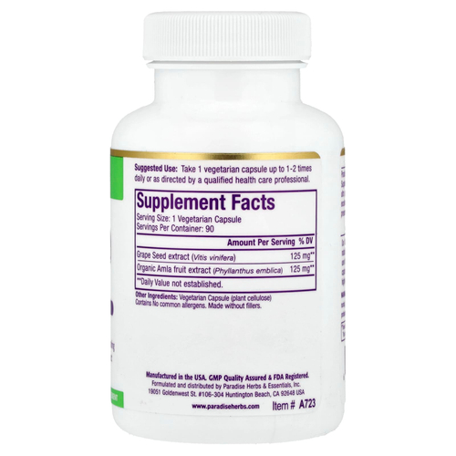 Paradise Herbs, ActiVin экстракт виноградных косточек с амлой, 90 вегетарианских капсул