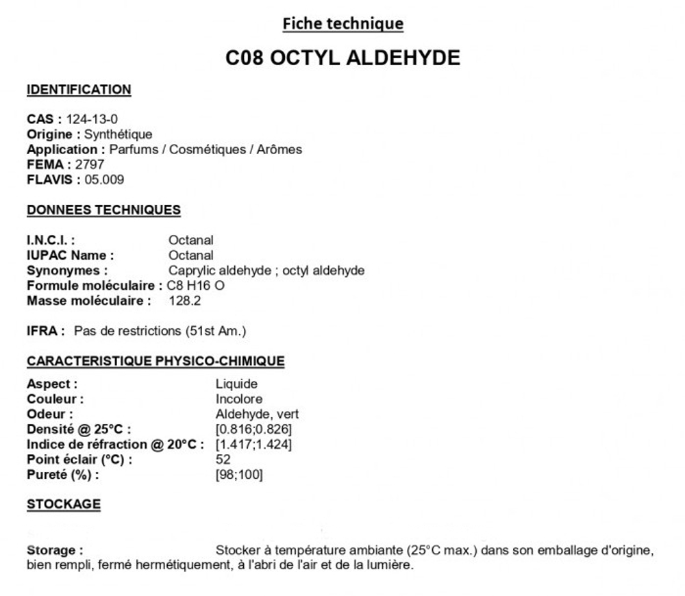 OCTYL ALDEHYDE C08 / ОКТАНАЛЬ АЛЬДЕГИД С-8 CAS 124-13-0