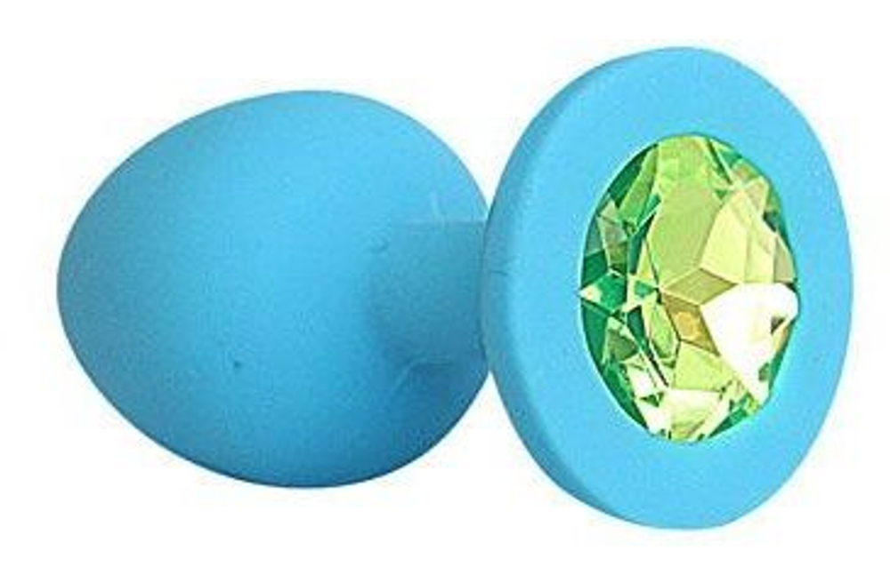 Голубая силиконовая анальная пробка с салатовым кристаллом - 9,5 см. (Цвет: салатовый)