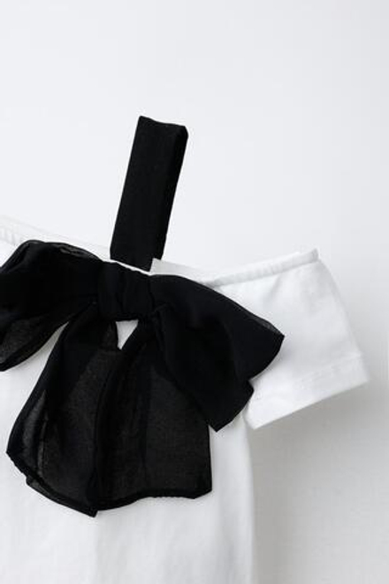 ZARA ФУТБОЛКА С КОРОТКИМИ РУКАВАМИ И БАНТОМ, БЕЛЫЙ