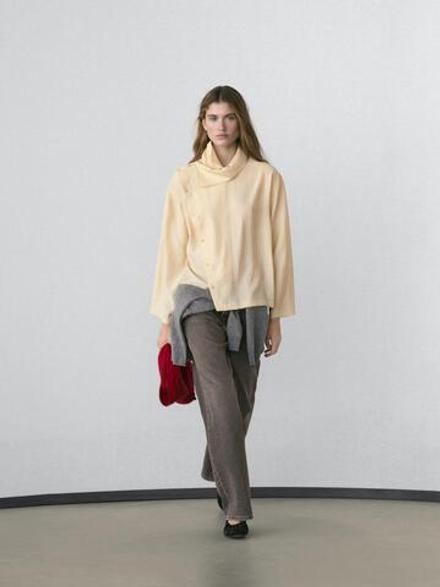 Massimo Dutti Рубашка с диагональной планкой на пуговицах, натуральный/кремовый