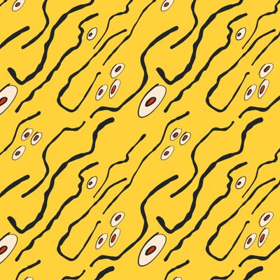 Abstract leopard with graphic circles ovals lines on yellow.