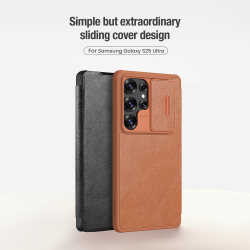 Кожаный чехол книжка коричневого цвета от Nillkin для Samsung Galaxy S25 Ultra, серия Qin Pro Leather с сдвижной защитной шторкой для камеры