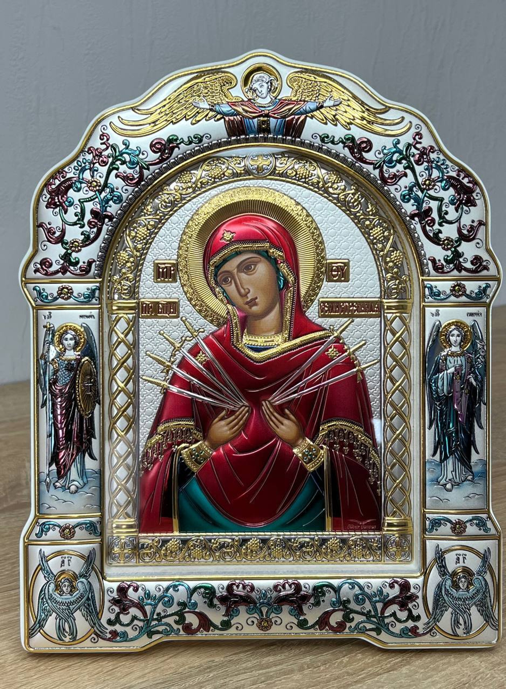 Семистрельная БМ, икона арочная с рамкой под стеклом, белое дерево, эмаль 167х228