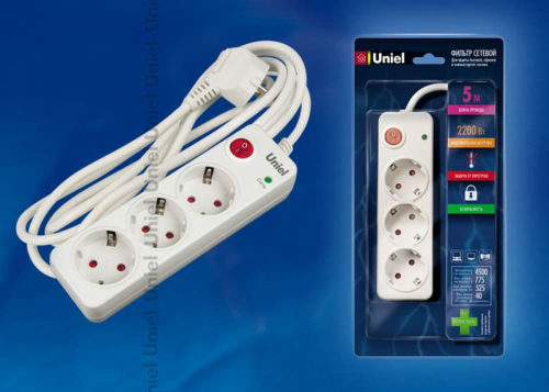S-GSP3-5E Фильтр сетевой Uniel серии стандарт «Energy», с/з, 3 гн., шнур 5 м, защита от перенапряжения, фильтр помех, термопредохранитель